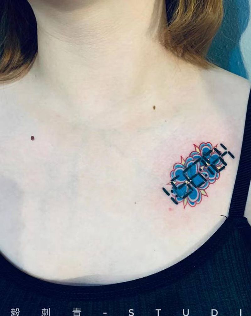 小清新纹身遮盖纹身图片_胸部颈部Old SchoolNew School纹身图案