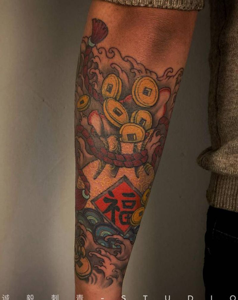 招财宝袋纹身图片_手臂腿部新传统老传统纹身图案
