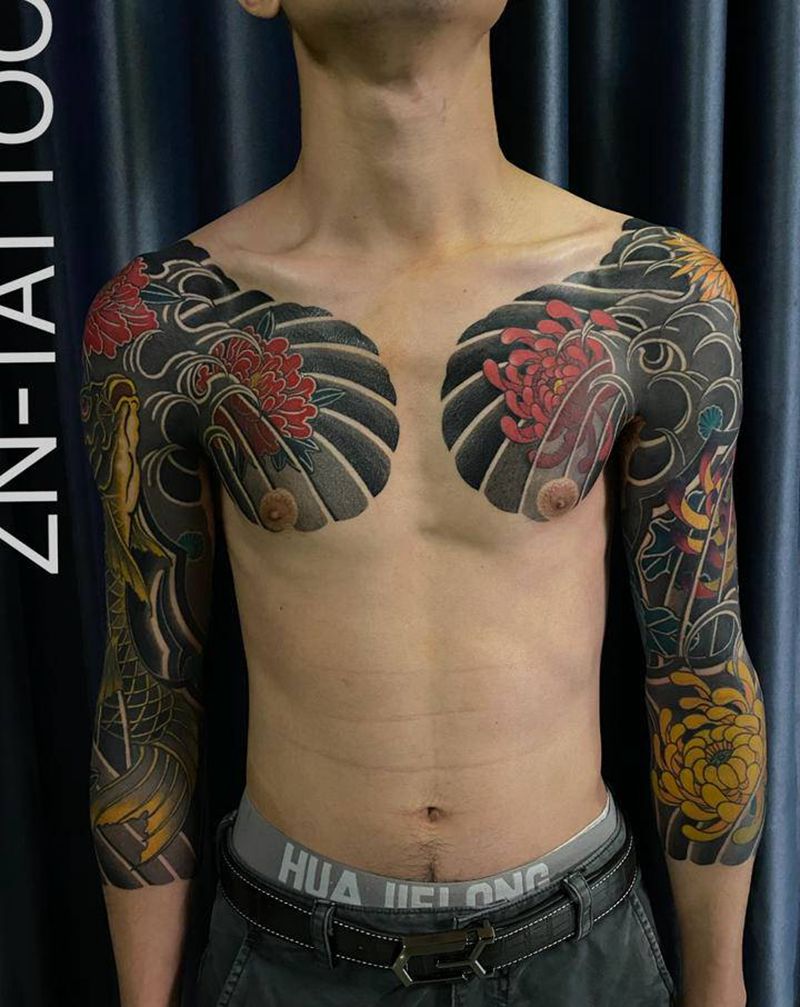 老传统七分袖半胛x2纹身图片_胸部手臂老传统纹身图案