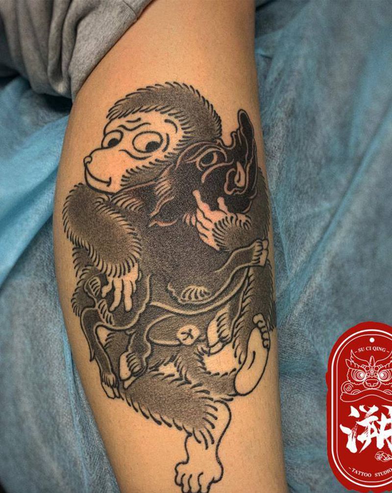 猴纹身图片_腿部老传统猴纹身图案