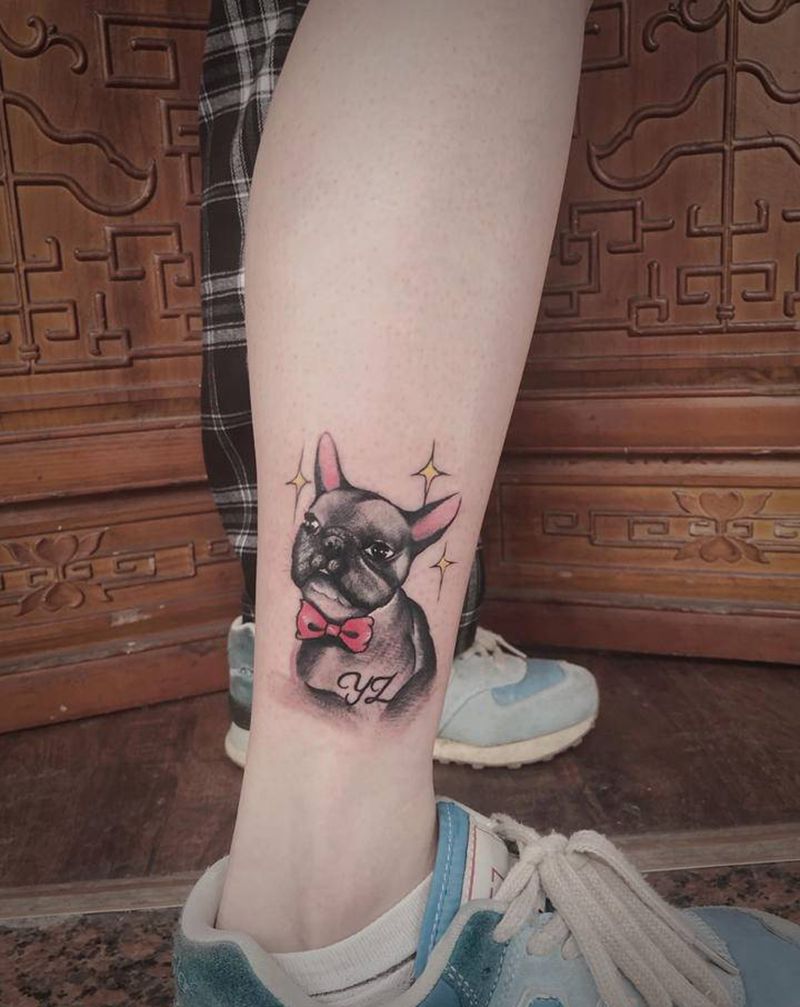 宠物狗狗纹身图片_腿部欧美写实狗纹身图案