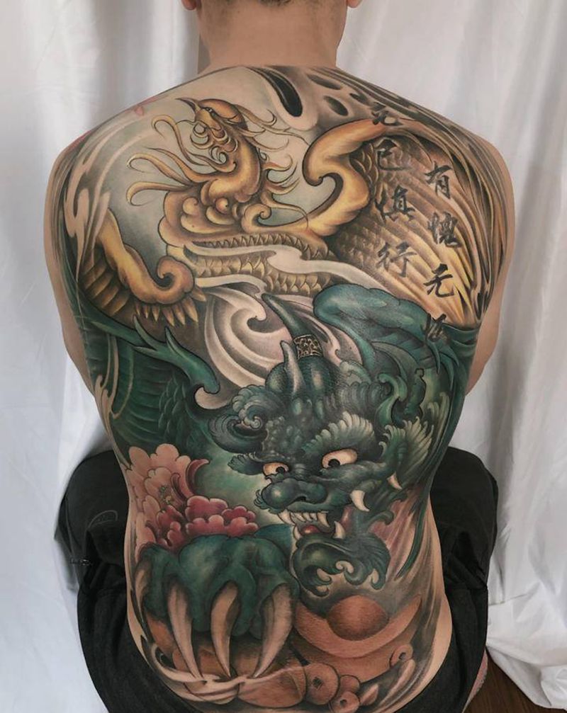 凤凰貔貅纹身图片_背部新传统凤凰貔貅满背纹身图案