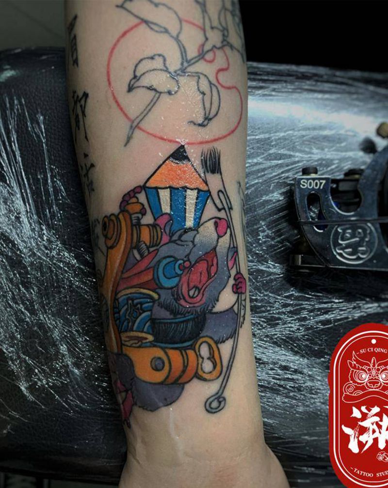 老鼠纹身图片_手臂New School老鼠彩色纹身图案