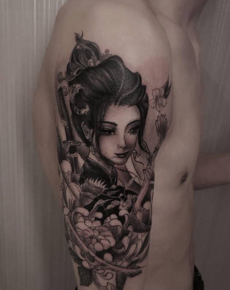 艺妓纹身图片_手臂新传统艺妓纹身图案