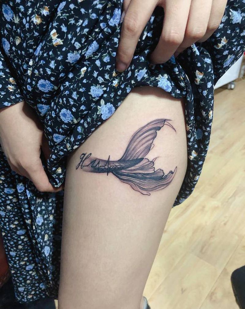 遮盖作品（鱼尾巴）纹身图片_腿部新传统鱼纹身图案