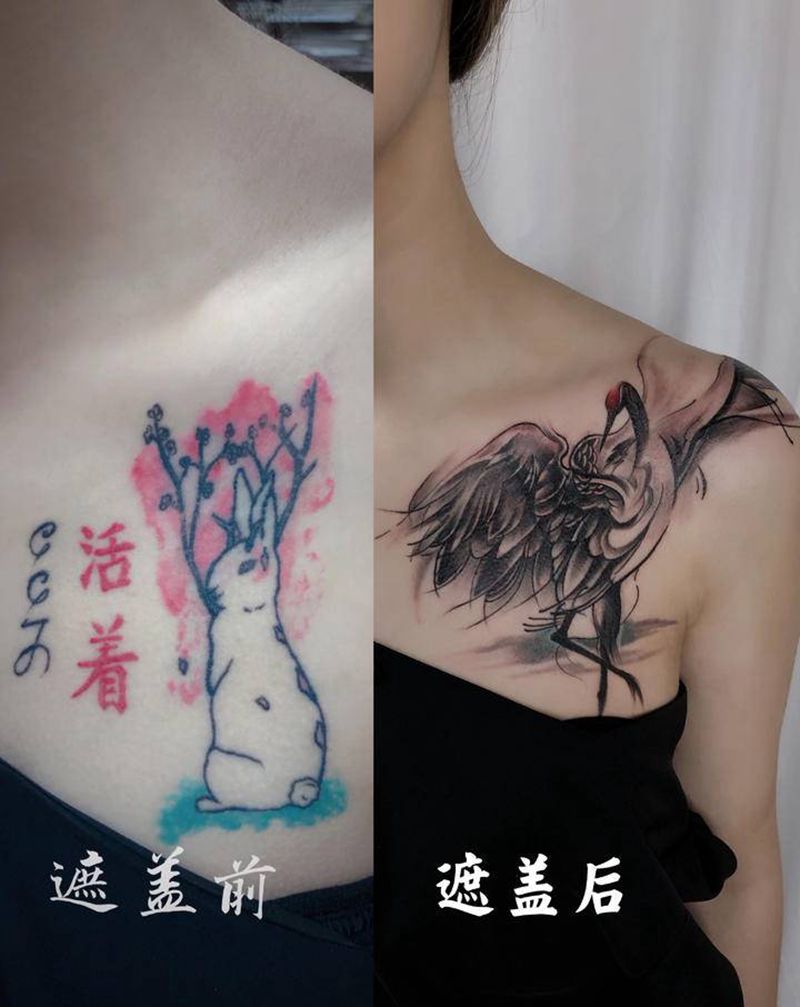 遮盖纹身图片_胸部新传统胸鹤遮盖纹身图案