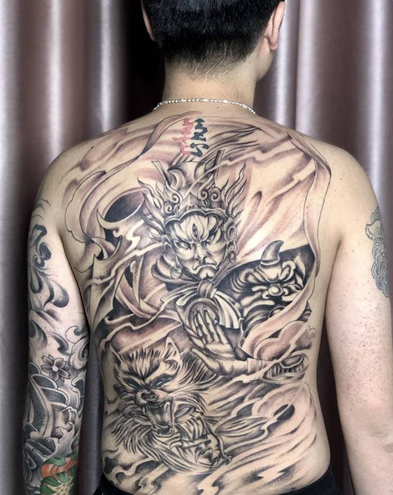 二郎神纹身图片_背部老传统新传统纹身图案