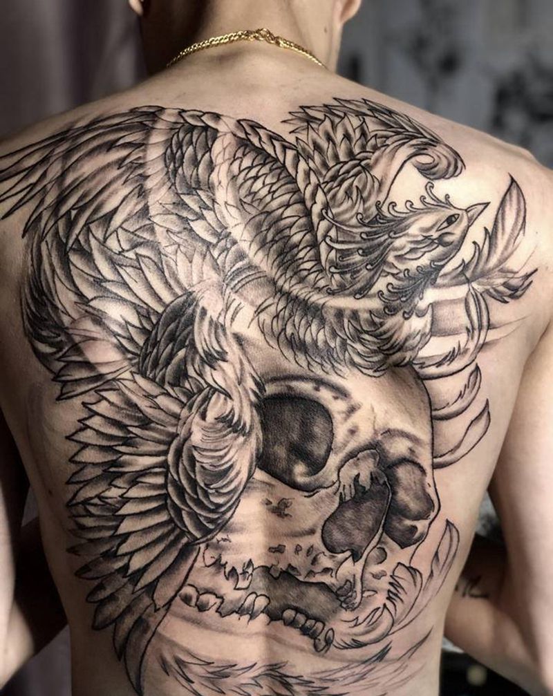 凤凰骷髅纹身图片_背部新传统老传统纹身图案