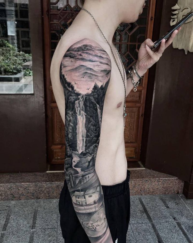 山水花臂纹身图片_手臂欧美写实山水纹身图案