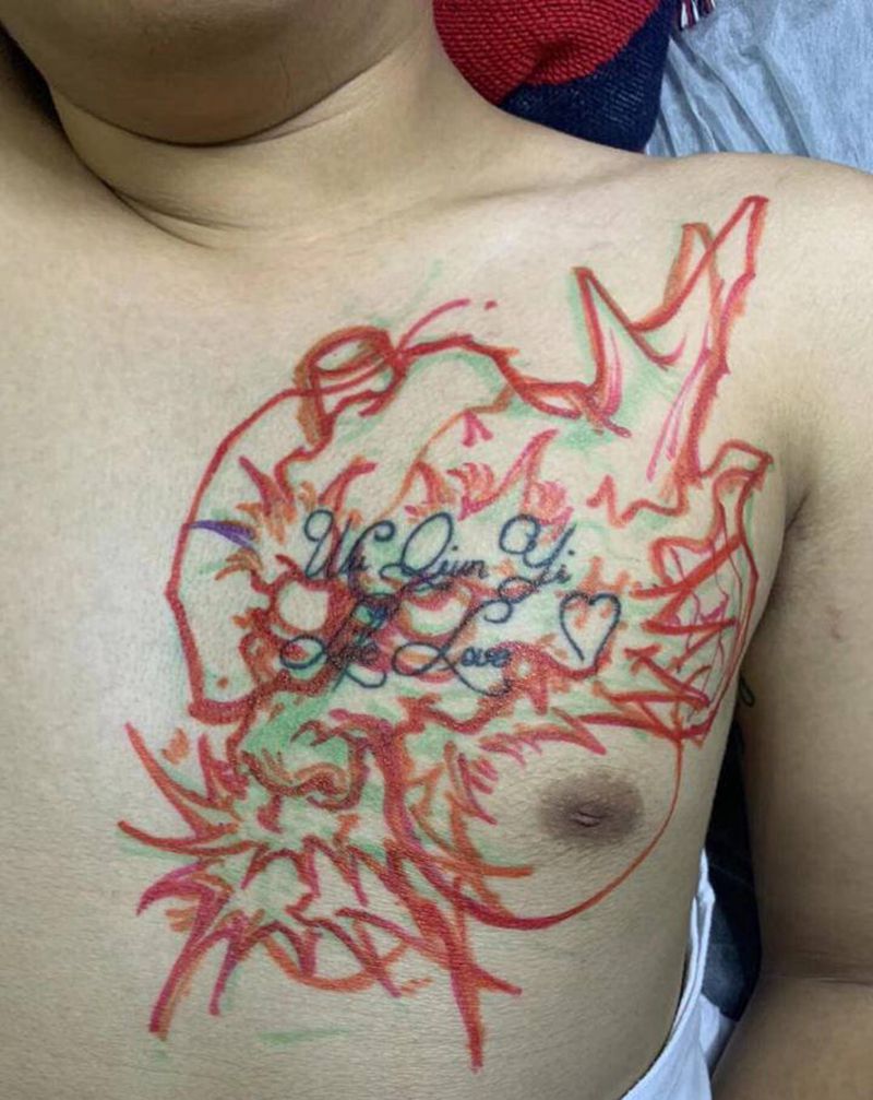 胸口旧图遮盖纹身图片_胸部新传统纹身图案