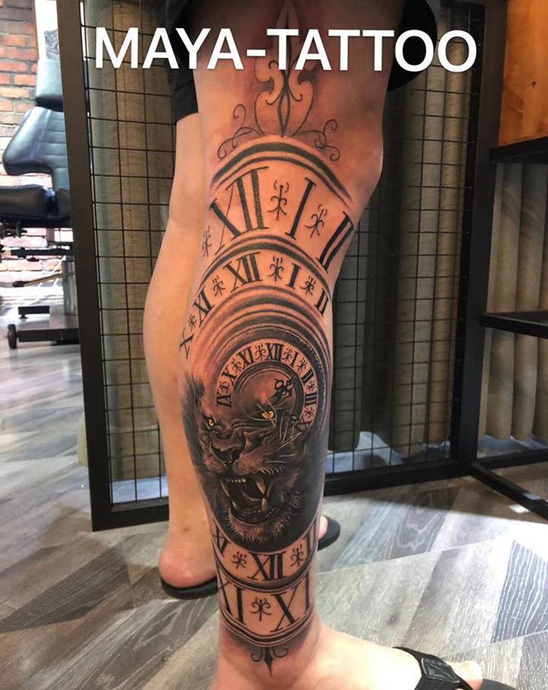 狮子纹身图片_脚部腿部欧美写实纹身图案