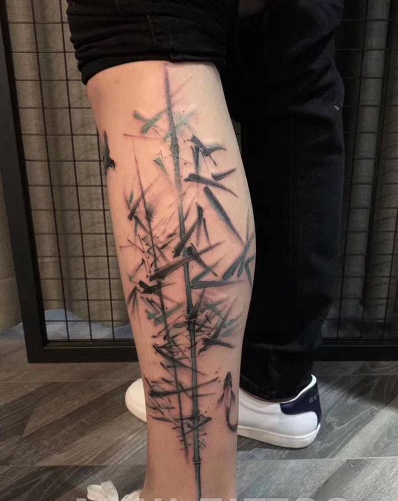 水墨竹子纹身图片_脚部腿部水墨纹身图案