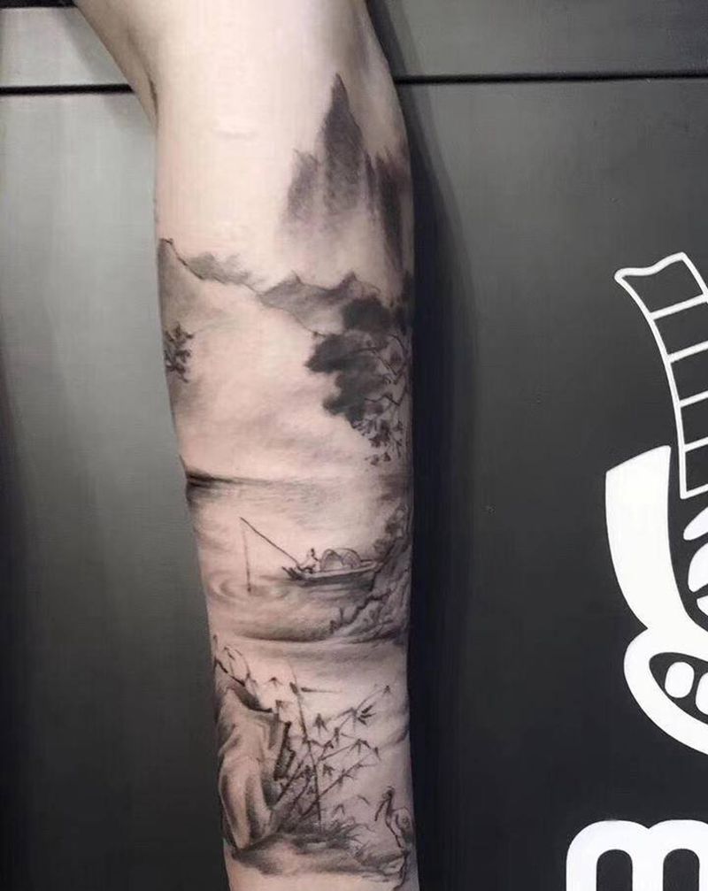 水墨山水纹身图片_腿部水墨水彩纹身图案