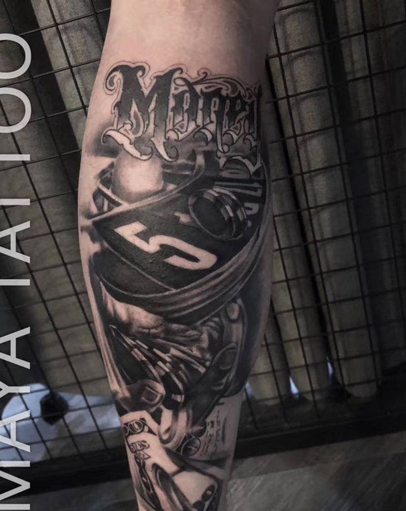 赌博纹身图片_腿部欧美写实花体字纹身图案