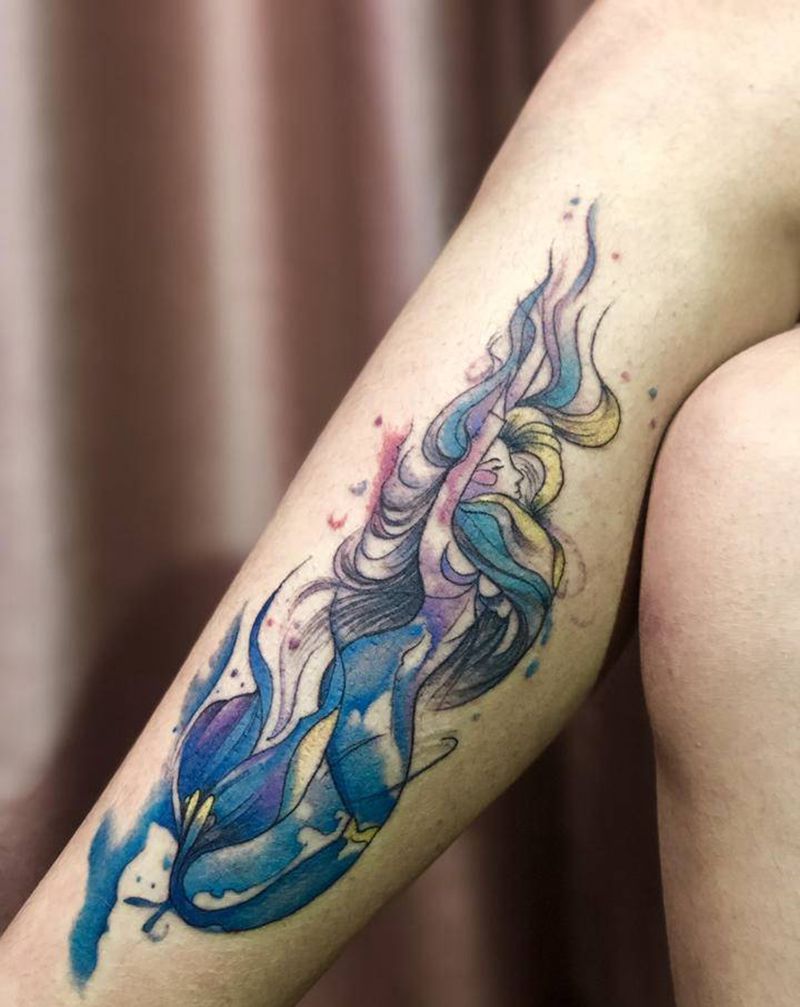 美人鱼纹身图片_手臂腿部水彩水墨纹身图案