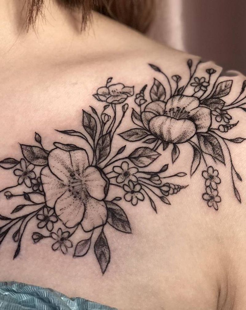 素花纹身图片_肩部胸部点刺纹身图案