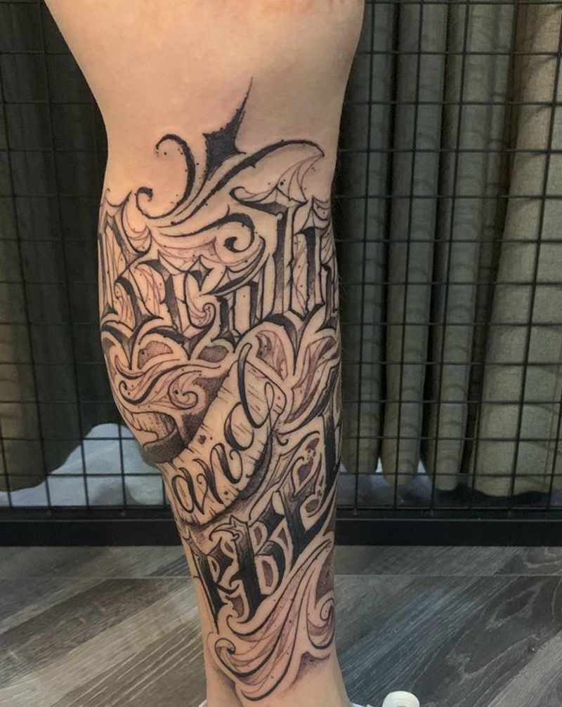 花体纹身图片_脚部腿部花体字纹身图案