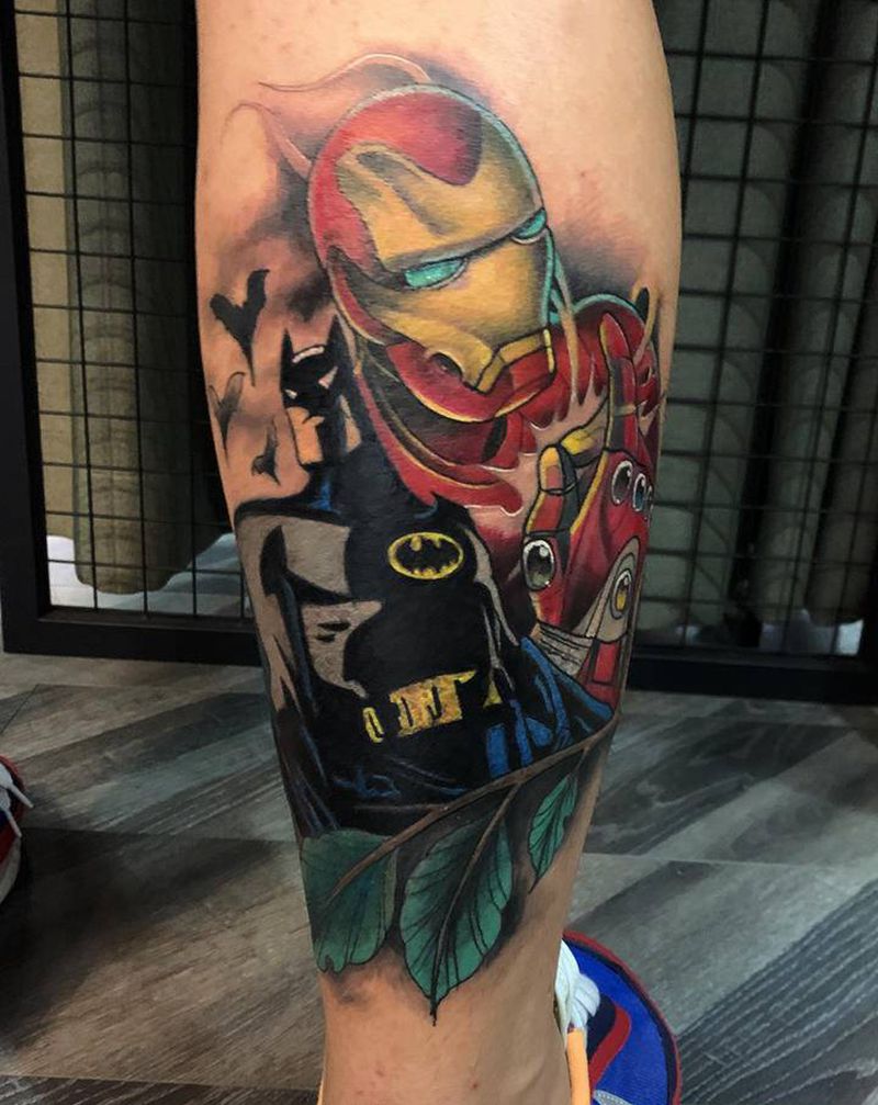 遮盖图,钢铁侠蝙蝠侠结合纹身图片_腿部纹身图案
