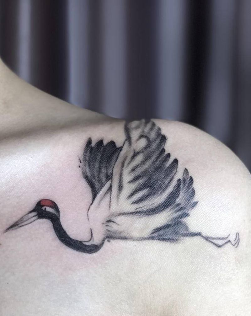 仙鹤纹身图片_胸部肩部新传统水墨纹身图案