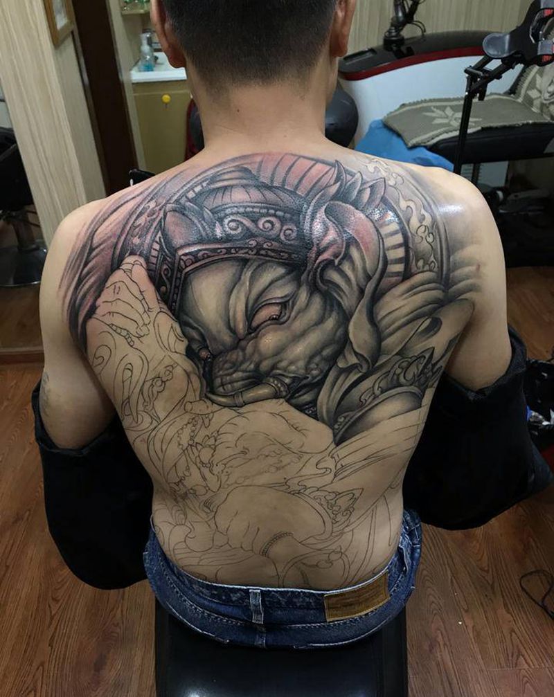 满背象神（未完）纹身图片_背部象神纹身图案
