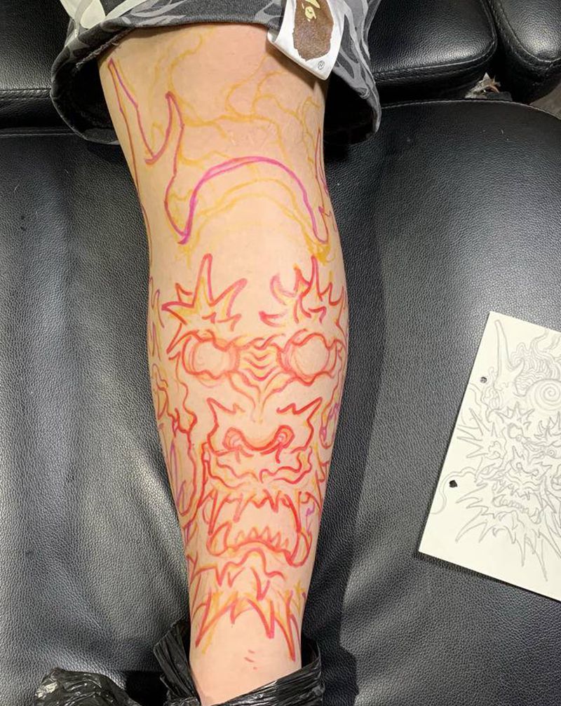 小腿 龙纹身图片_腿部老传统新传统纹身图案