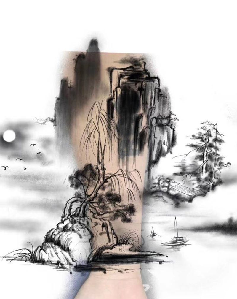 山水画遮盖设计手稿纹身图片_手臂手部新传统老传统山水画遮盖手臂纹身图案