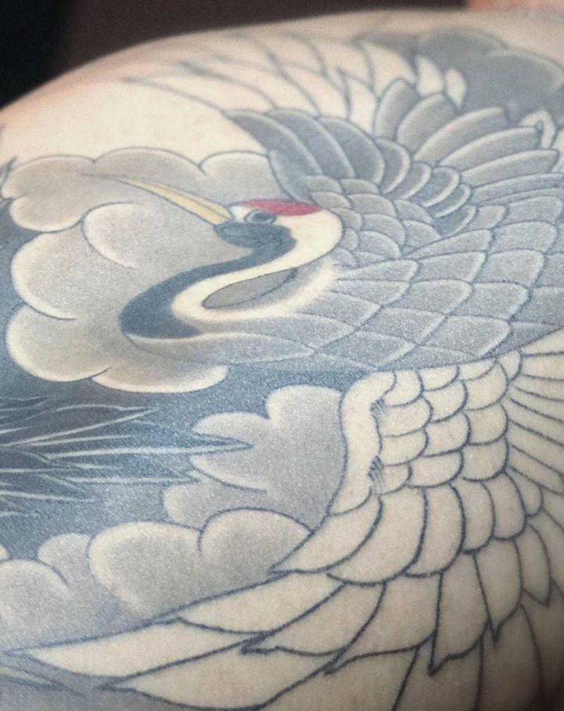 满背仙鹤未完成纹身图片_背部腰部新传统老传统仙鹤纹身图案