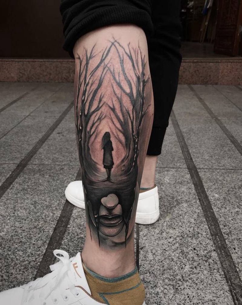 守护纹身图片_腿部欧美写实纹身图案