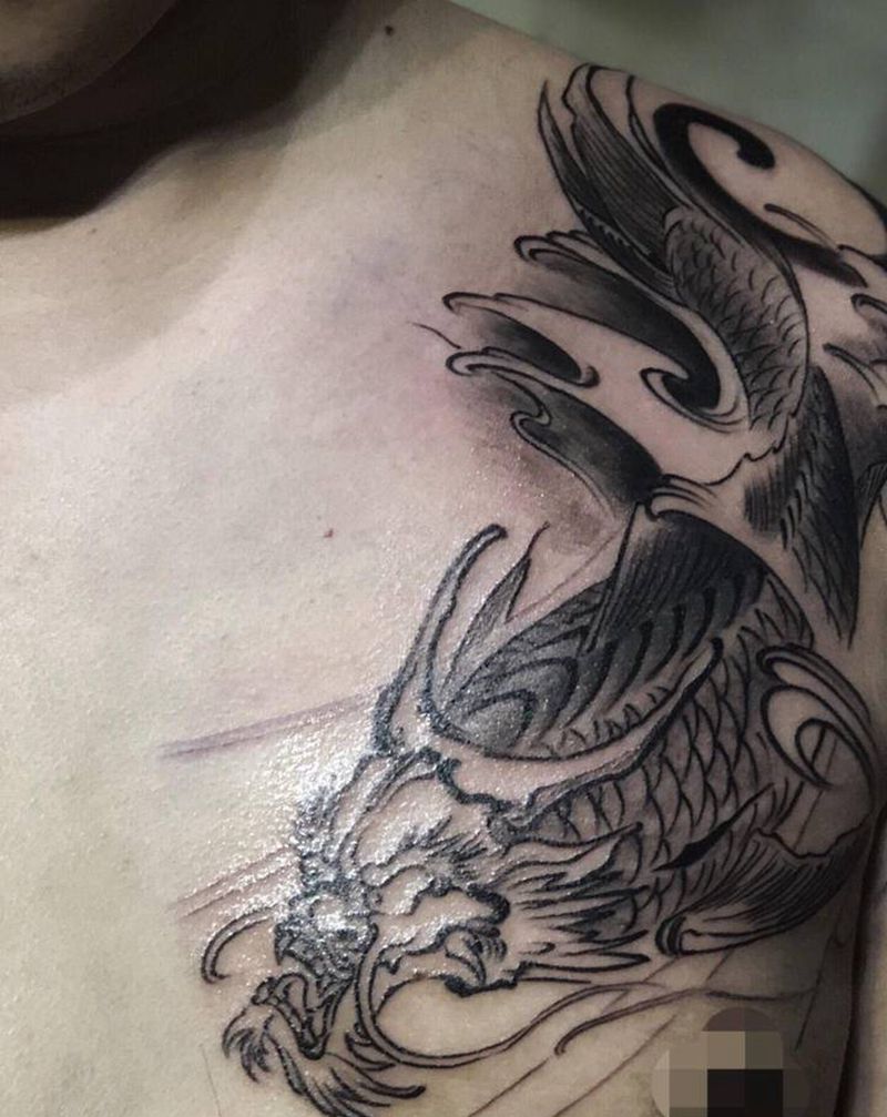 鳌鱼未完成纹身图片_胸部肩部水墨纹身图案