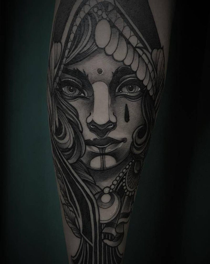 欧美人物纹身图片_腿部新传统Old School纹身图案