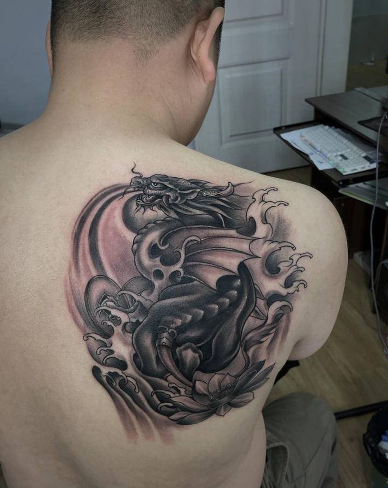 貔貅招财纹身纹身图片_肩部新传统貔貅纹身图案