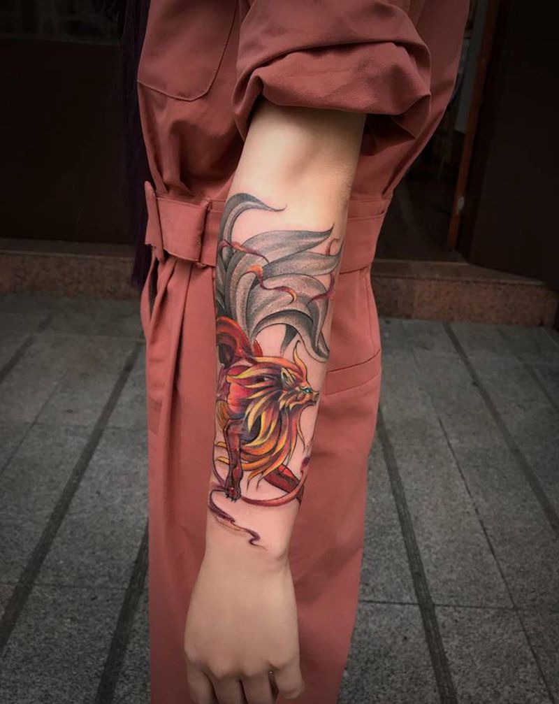 九尾狐作品纹身图片_手臂新传统九尾狐纹身图案