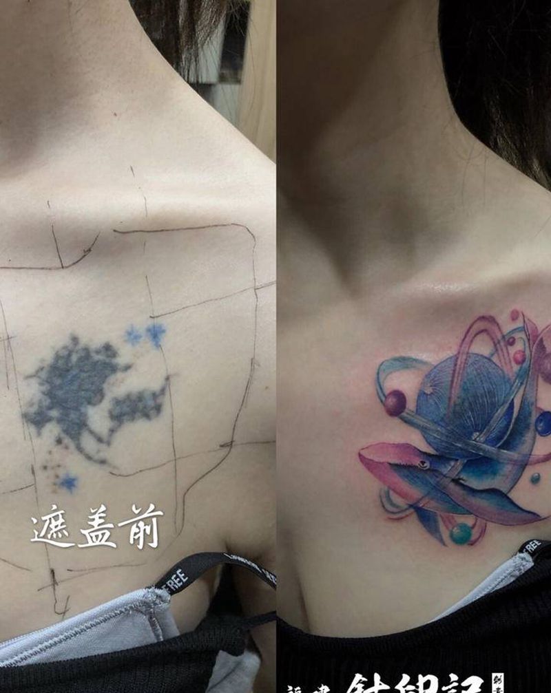 鲲纹身图片_胸部水彩鱼纹身图案