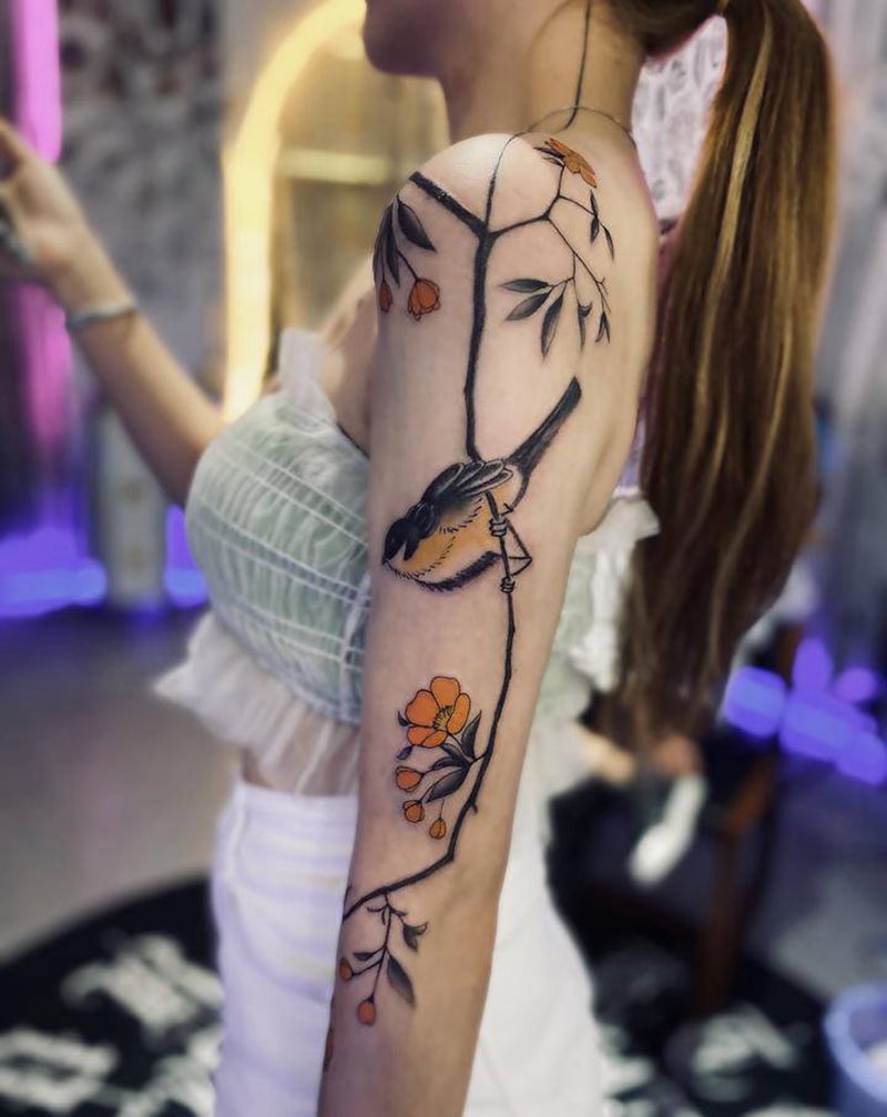 花满枝头纹身图片_手臂水墨水彩纹身图案