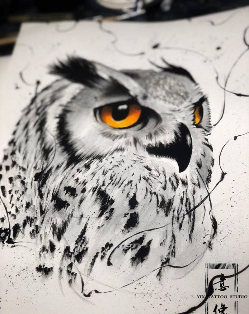 猫头鹰稿纹身图片_背部胸部水彩水墨纹身图案