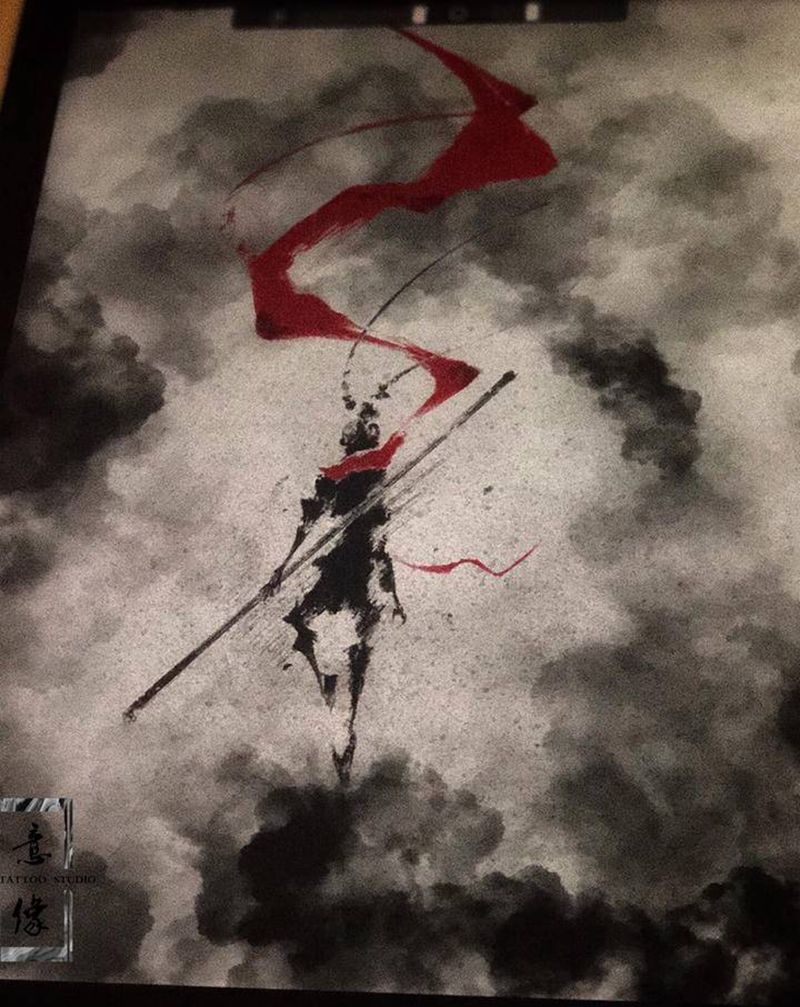 大圣归来纹身图片_背部胸部水彩水墨纹身图案