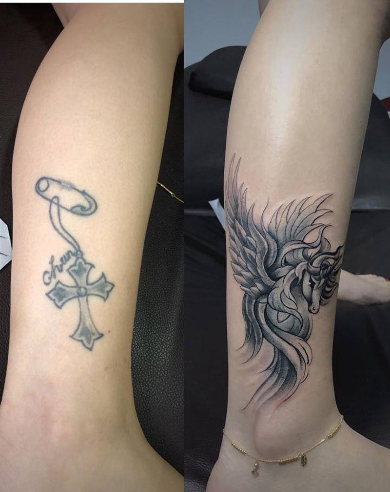 遮盖作品纹身图片_腿部新传统独角兽纹身图案