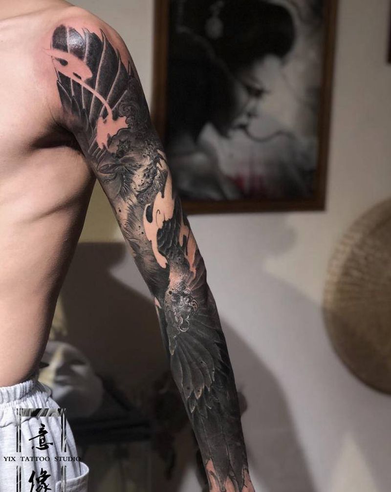 凤凰花臂遮盖纹身图片_手部手臂新传统水墨火纹身图案