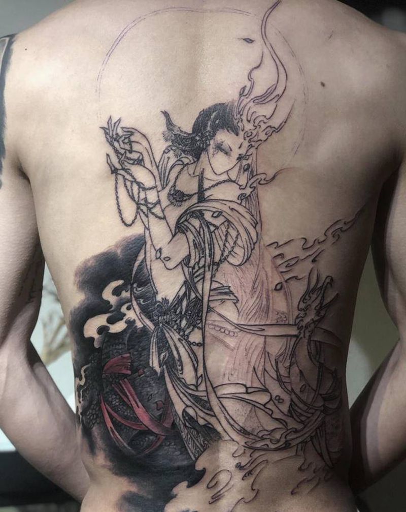 摩呼罗迦 未完成纹身图片_背部肩部水墨图腾蛇神纹身图案