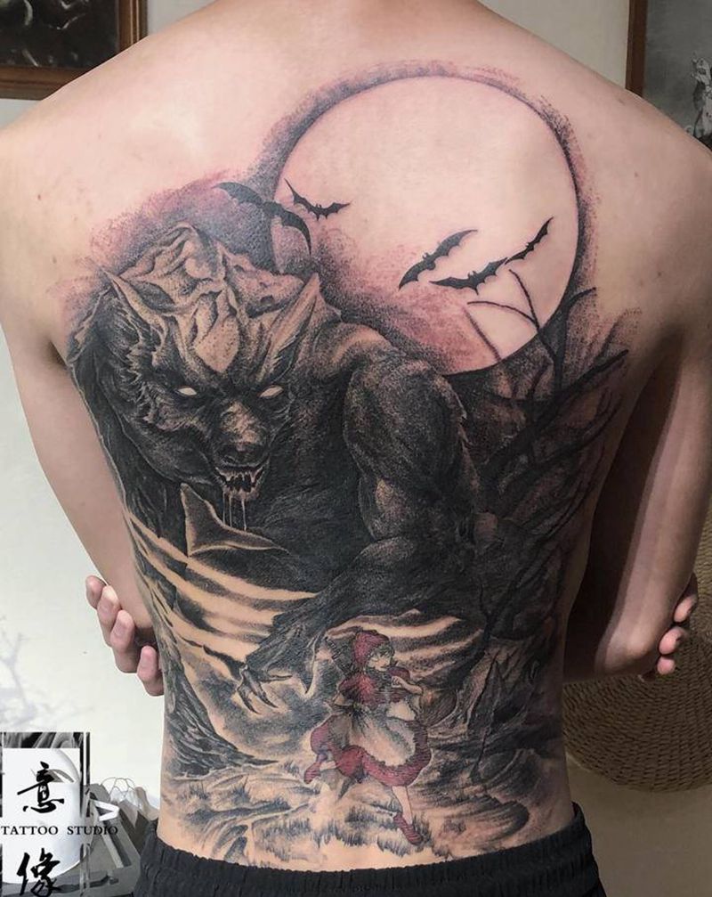 废土小红帽纹身图片_背部肩部点刺图腾纹身图案