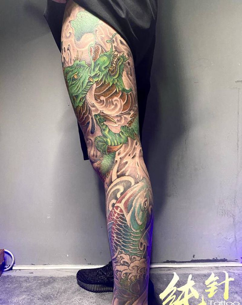 青龙腿纹身图片_腿部手臂老传统新传统纹身图案