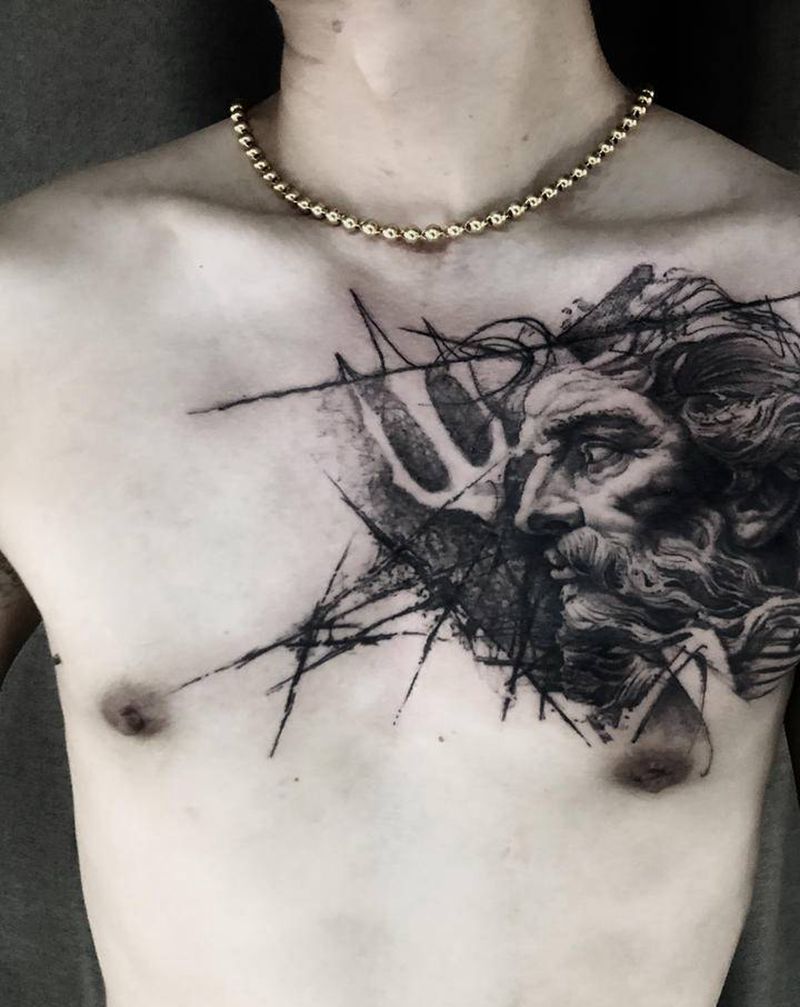 原创海神，一半完工纹身图片_胸部欧美写实水墨纹身图案