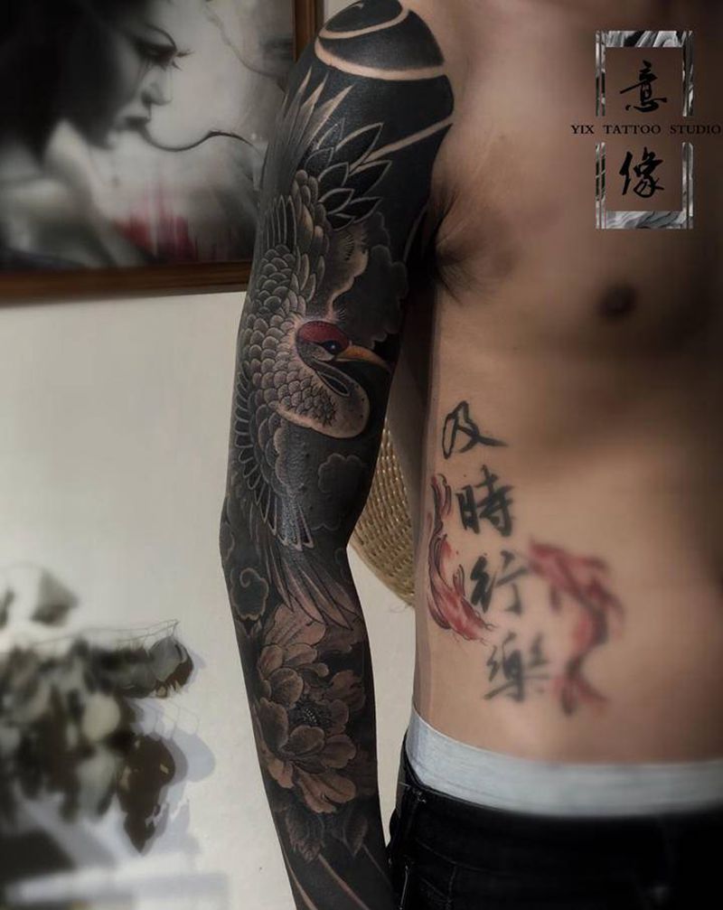 鸿运当头纹身图片_手部手臂老传统图腾仙鹤牡丹纹身图案