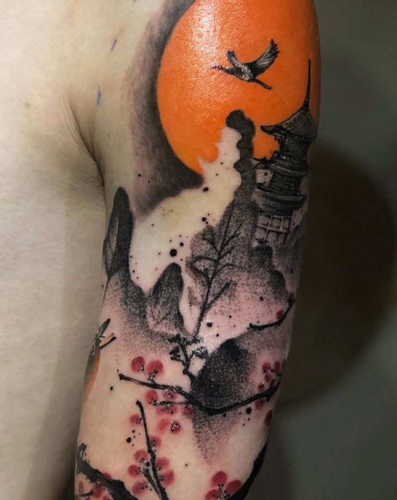 中国风拼接纹身图片_手部手臂水墨水彩山水梅花纹身图案