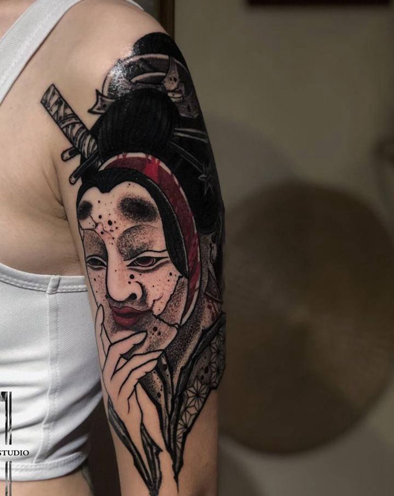 能面   艺伎  日式纹身图片_手部手臂几何老传统纹身图案