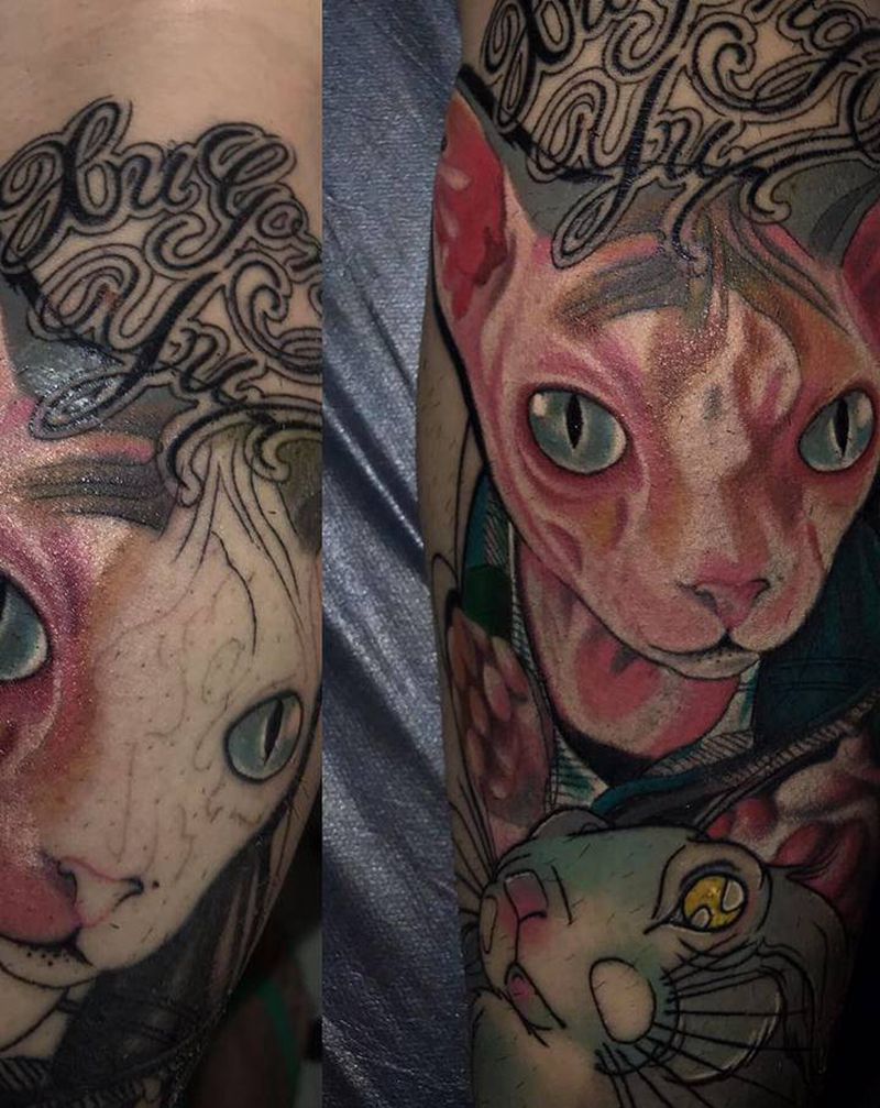 无毛猫纹身图片_脚部水彩纹身图案