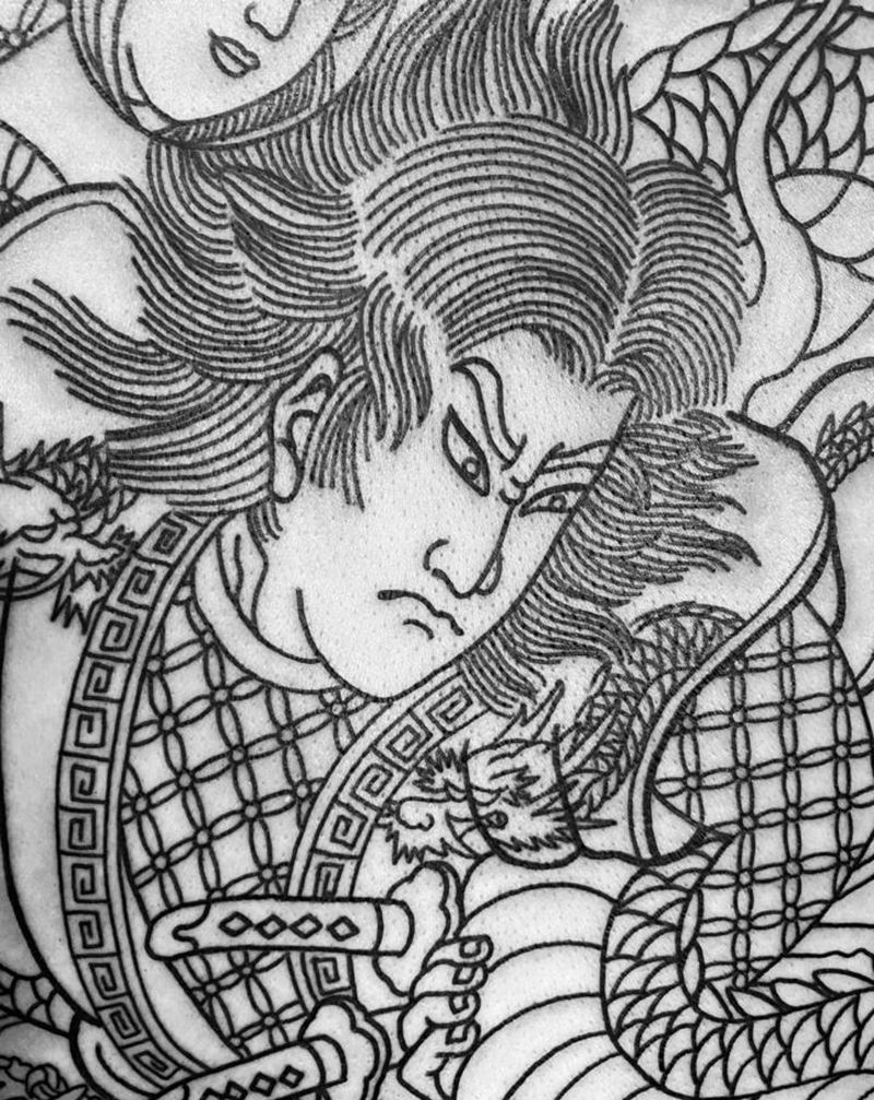 满背龙王太郎纹身图片_背部老传统纹身图案