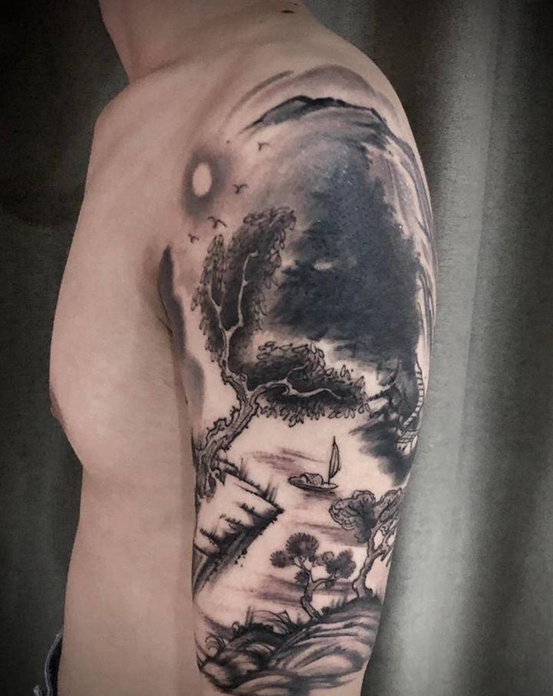 水墨风   遮盖纹身图片_手部手臂水墨水墨 山水画纹身图案