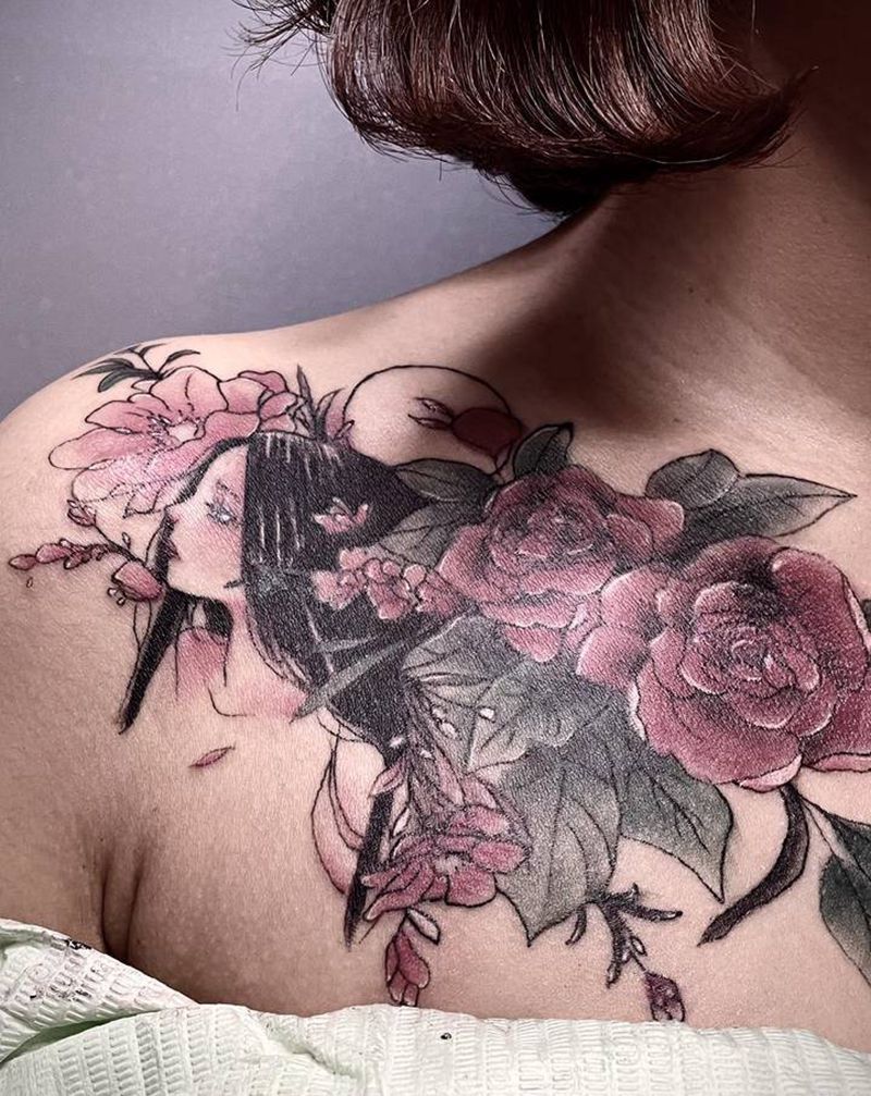 花胸纹身图片_胸部肩部水彩New School纹身图案