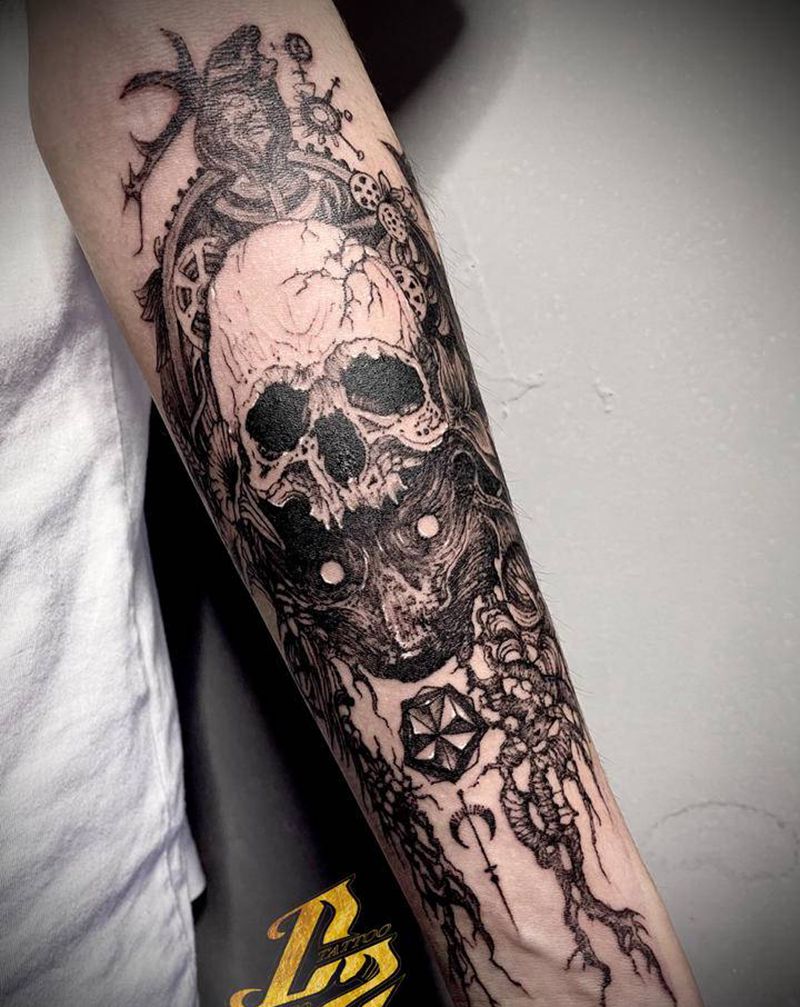 暗黑骷髅纹身图片_手臂欧美写实点刺纹身图案